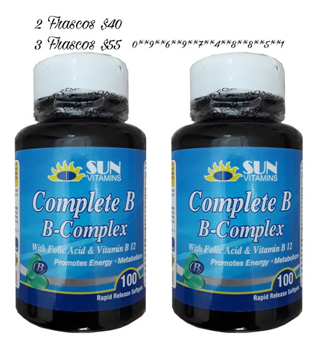 Complejo B +acido Folico Vitamina B12 Colina 2 Frascos Promo