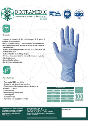 Guantes De Nítrilo, Dixtramedic, Caja Con 100, Texturizados Azul Hospitalario Ch
