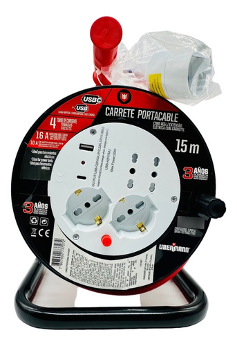 Alargador Carrete 15 Metros 3500w 16 Amp 4 Enchufes 1usb 1c