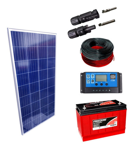 Kit Placa Solar 150w Controlador 20a Lcd Bateria 115ah Cabos