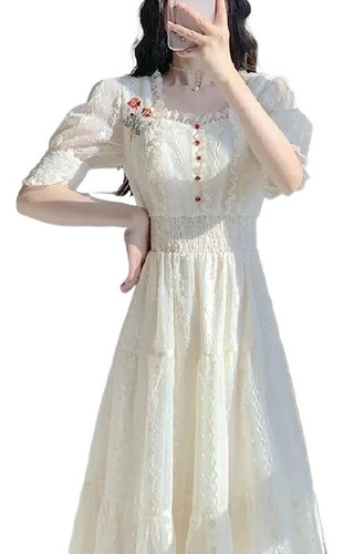 Vestido Midi De Encaje Floral Para Mujer Con Cuello Cuadrado