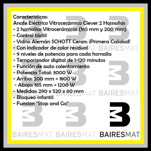 Imagen 5 de 7 de Anafe Electrico Clever 122 Vitroceramico 2 Hornallas Tactil
