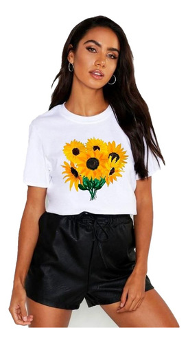 Polera Dama Estampada 100%algodon Diseño Ramo Girasoles