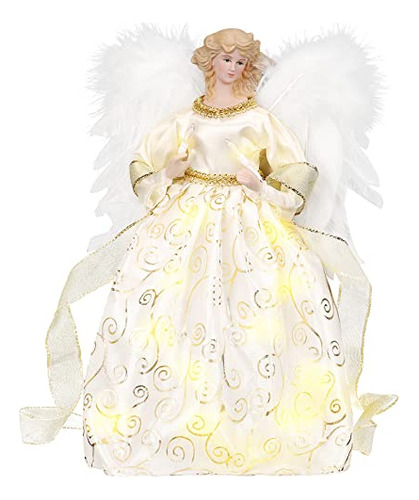 12'' Angel Tree Topper With White Feather Wings And Gol...