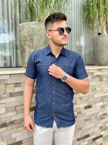 Imagem 7 de 9 de Camisa Jeans Premium Masculina Slim Manga Curta Promoção