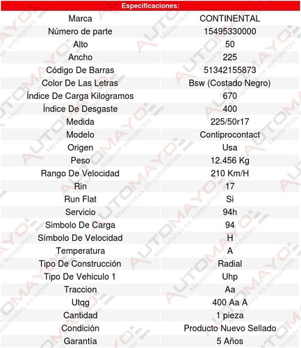 1 Llanta 225/50r17 (94h) Contiprocontact Run Flat