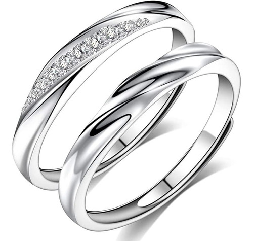 Anillo Pareja Ajustable Plata Ilusion De Ley 925  Con 2 Pack