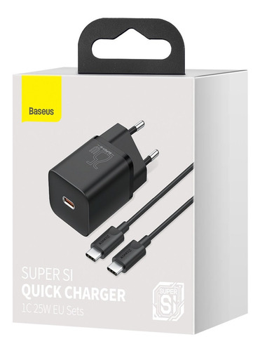 Carregador Rápido Usb-c Baseus Qc Pd 3.0 25w + Cabo Usb-c 1m Cor Preto