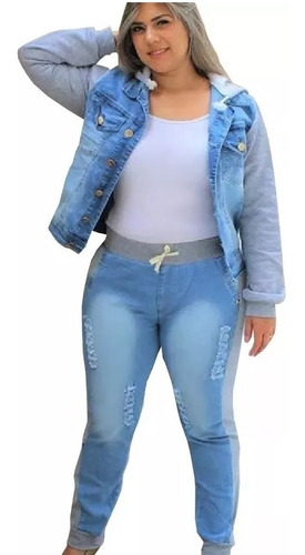 Imagem 2 de 5 de Calça Jeans Plus Size Moletom Ribana Rasgada Cintura Alta