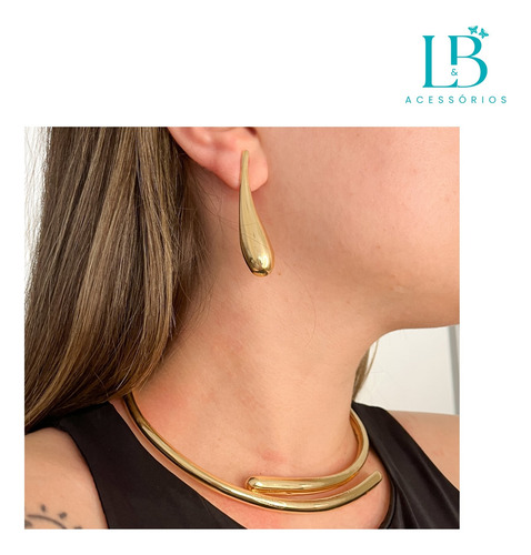Conjunto Luxo: Gargantilha E Brinco Dourado L&b 40cm