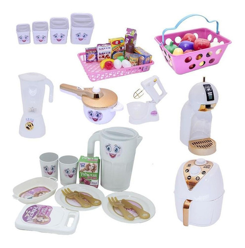 Menina Brinquedo Kit Cozinha Mercado Comida Air Fryer 46pç