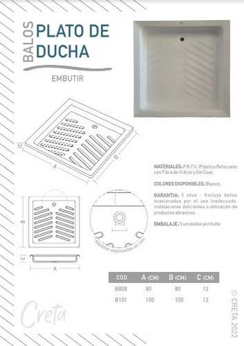 Imagen 2 de 8 de Plato De Ducha 80x80 Plastico Reforzado En Fibra - Creta