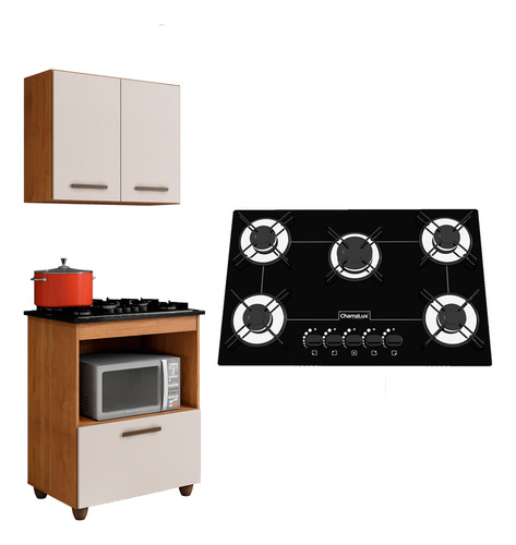 Kit Balcão Cooktop E Fogão 5 Bocas Chamalux + Armario Aereo 