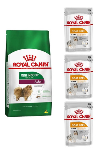 Kit Mini Indoor Adult 1kg E 3 Sachês Coat Care Royal Canin