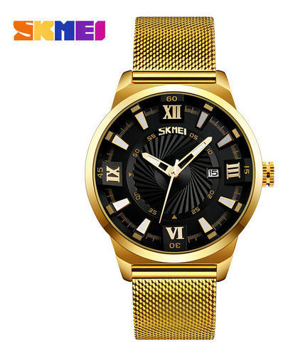 Reloj Analógico Skmei Quartz Calendar Para Hombre Color De La Correa Dorado Color Del Fondo Negro