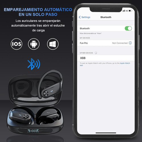 Fones de ouvido Bluetooth 5.3 sem fio Mertto Enc Moda Sports, cancelamento de ruído Enc, tela LED, resistência à água IPX7, para negócios, entretenimento e corrida