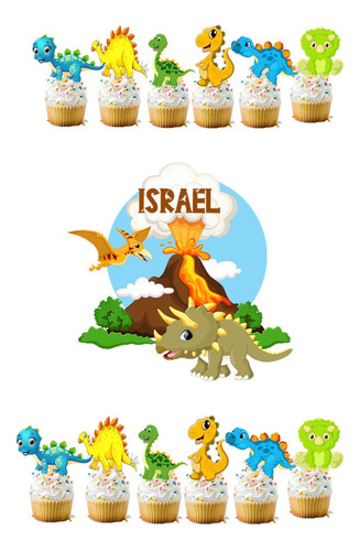  12 Topper Cupcake + Topper Torta  Dinosaurios Personalizado