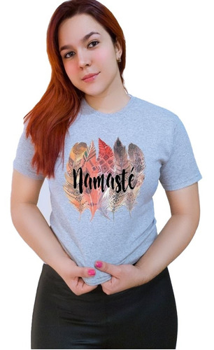 Polera Dama Estampada 100%algodon Diseño Namaste Plumas