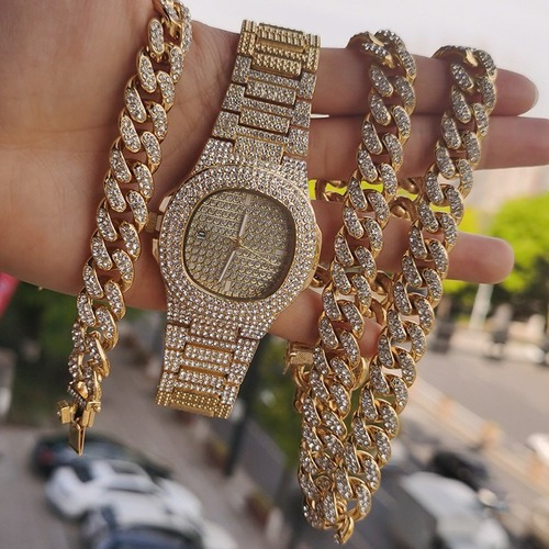 Juego De Reloj De Diamantes Reloj Collar Pulsera Hip Hop