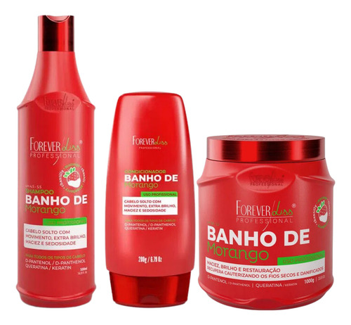 Kit Shampoo, Condicionador, Máscara 1kg Morango Forever Liss