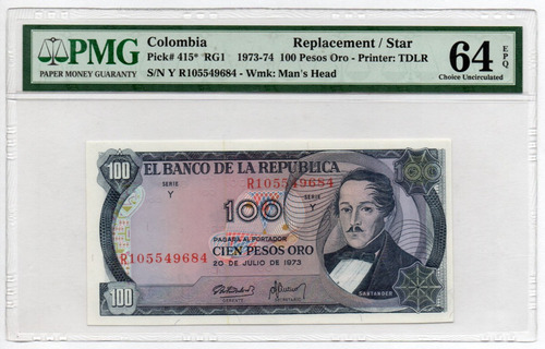 Billete Colombia 100 Pesos Certificado 20 De Julio 1973 Repo