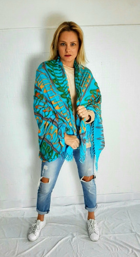 Chalina Turquesa Estampada Naranja Verde Con Flecos (Usado)