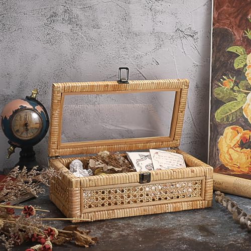 Caja Decorativa De Ratán Hipiwe Con Tapa Transparente Y Cerr