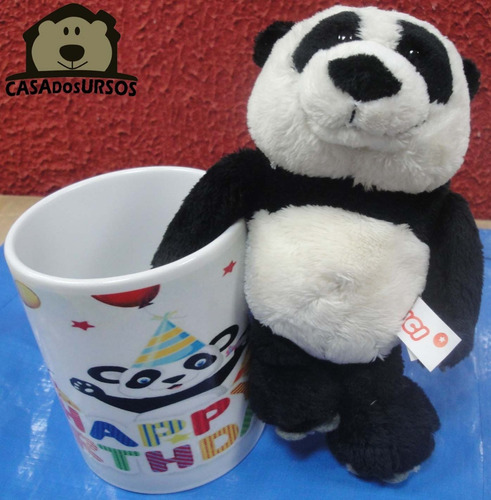 Presente Caneca + Urso Panda 15cm Pelúcia Feliz Aniversário