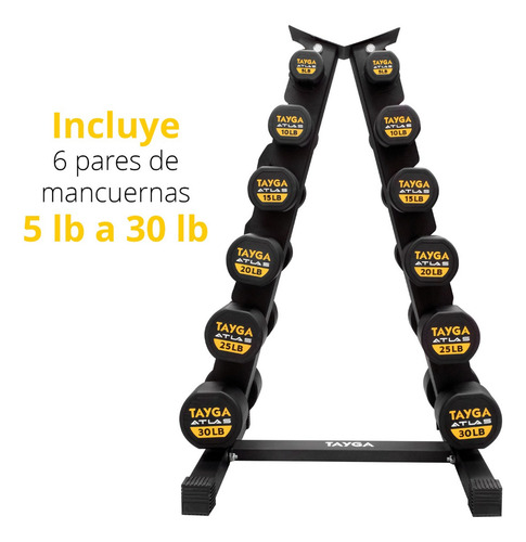 Rack Set 6 Pares Mancuernas Atlas 5 A 30 Lb Tayga Color Negro