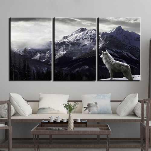 Quadros Decorativos 3 Peças Lobo Cão Montanha