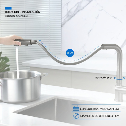 Imagen 4 de 10 de Griferia Monocomando Para Cocina Extensible Canilla De Acero