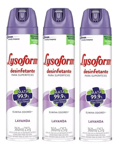 Lysoform Lavanda Kit 3 Unid Aerossol Geral 360ml Bactericida fragancias