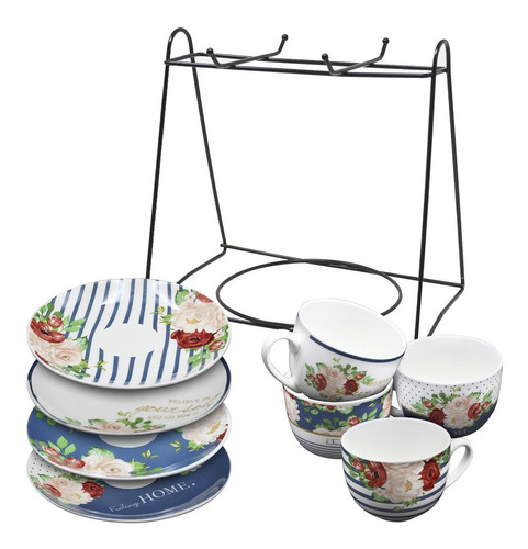 Juego 4 Tazas Platos Porcelana Para Cafe Soporte Para