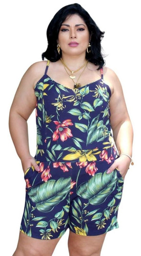 Macaquinho Feminino Plus Size Floral Grande Macacão Crepe G1