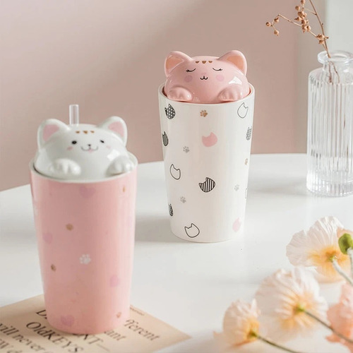 Imagen 9 de 9 de Un Mug Taza Tazón Gatito Kawaii Con Bombilla