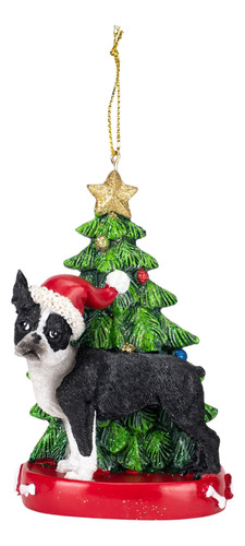 Boston Terrier Sombrero Papa Noel Adorno Arbol Navidad