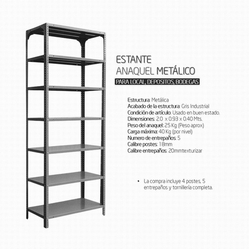 Estante Metalico De 5 Entrepaños Para Negocio Taller Oficina
