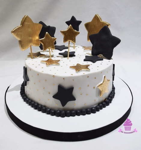 Torta Estrellas Doradas Negras - Mesa Dulce Para Cumpleaños 