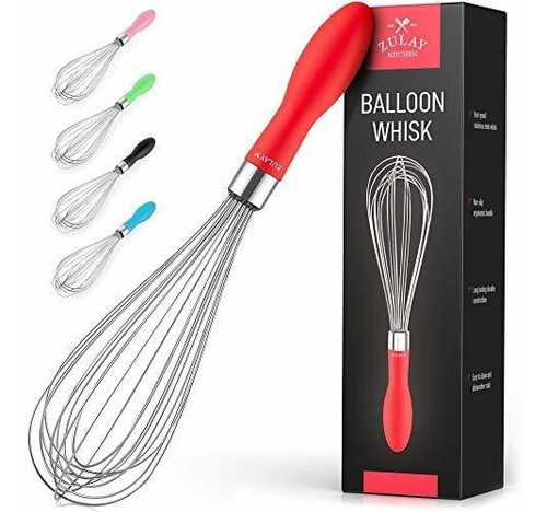 Batidor Manual Forma Globo De Acero Inoxidable Mango Rojo