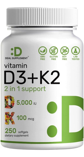 Vitamina D3 5,000 Iu + K2 100mcg 2 En 1 250 Caps Eg Dd113