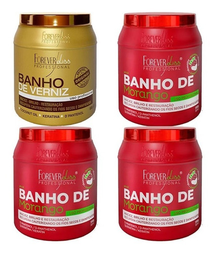 Kit 3 Banho Morango E 1 Banho De Verniz Forever Liss 1kg