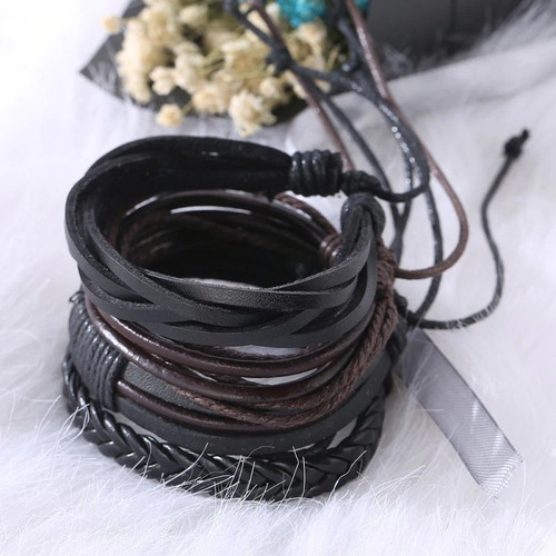 Pulsera Set Cuero Hombre Brazalete Manillas + Envio Gratis