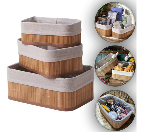 Kit 3 Cestos Caixa Organizador Bambu Tecido Multiuso Forro