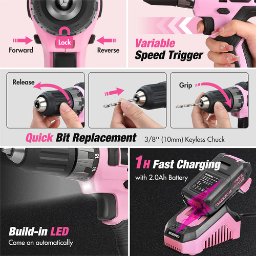 Kit De Ferramentas Workpro Pink Com Furadeira Sem Fio De 20v