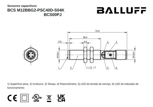Sensor Capacitivo Balluff Sn=1 A 4mm Ajustável Cód: Bcs00pj