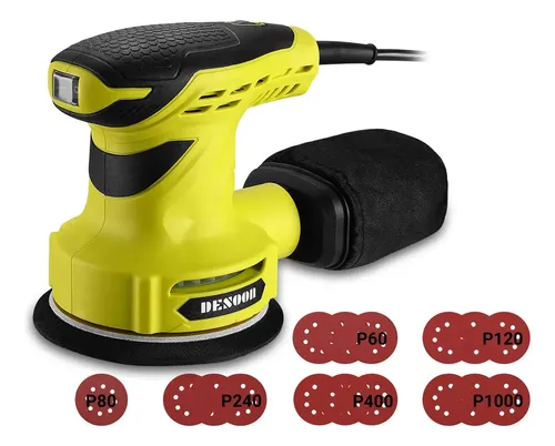 Lixadeira Orbital 300w Real Profissional 125mm Com Auto Vácuo 14000rpm Coletor De Pó + 16 Lixas Kit Desoon
