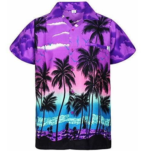 Vho Funky Camisa Hawaiana Hombres Shortleeve Frontpocket Bea