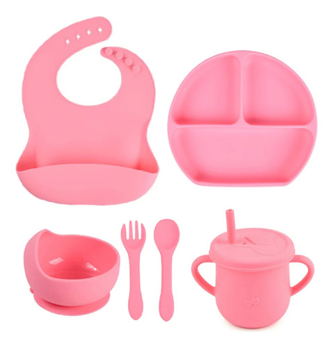 Set Vajilla En Silicona Para Bebe Cubiertos 5 Piezas Sin Bpa Color Rosa