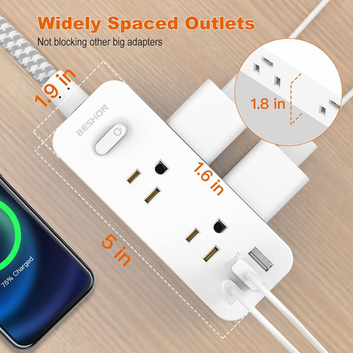 Beshon Power Strip Surge Protector, Cable De Extensión De 5
