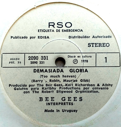 Bee Gees - Demasiada Gloria - Simple Promo 1978 Uruguay